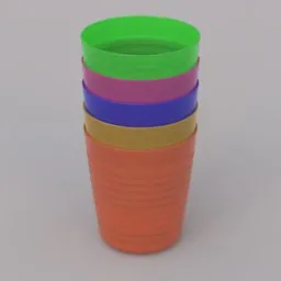 Stack of colorful 3D modeled plastic cups for children, customizable in Blender.