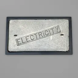 "Rectangular Manhole Cover - Agriculture Category - Blender 3D Model for Google Image Search. This 3D model depicts a common manhole cover commonly found in Australia. The model features a metal sign that says 'electricity,' detailed face, white border and background, and is placed on a wooden table."