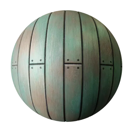 2K PBR Teal Damaged Oak texture for Blender, showcasing a modern distressed finish with dirt occlusion and displacement for creative 3D materials.