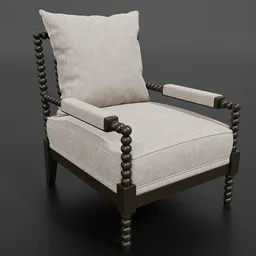 Intricately carved wooden accent chair with fabric cushion, detailed 3D model for Blender visualization.