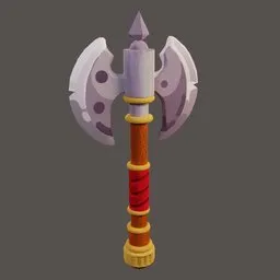 "Blender 3D model of a historic military purple and orange ax with a wooden handle. This 3D model is suitable for 2D game assets, such as in the game Kingdoms of Ether or as a Twitch emote. It features a high-resolution texture in the size of 2048 * 2048 for optimal visual quality."