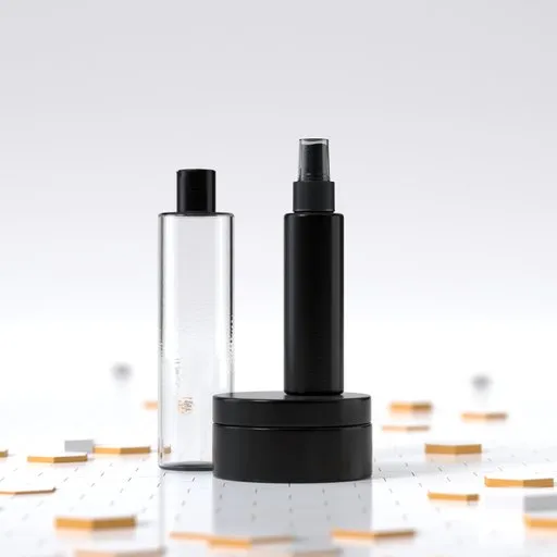 3D-rendered product display with transparent and black spray bottles in a white studio setting.