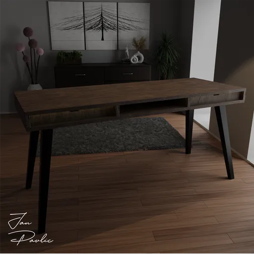 Elegant walnut 3D office desk with LED strip, expertly designed for a productive workspace in Blender 3D.