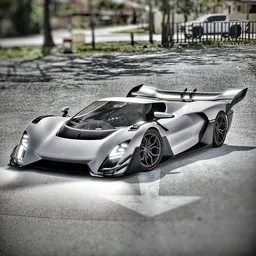 Detailed 3D racing car model with aerodynamic design, V12 engine, and modern styling optimized for Blender 3D.