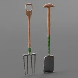 Detailed 3D rendered farm tools with pitchfork and shovel, ready for use in digital agriculture scenes or game assets.