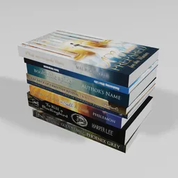 "Eight literature books stacked with evenly spaced covers, rendered using Daz3D Genesis iRay shaders by Margaret Backhouse in Blender 3D. The angel and seraphim-themed covers imagine a blissful fate amidst a background of suns and supernovas. Perfect for website banners and product photos."