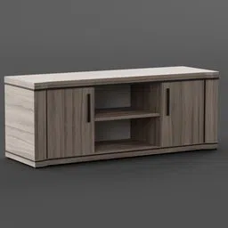 Modern 3D-rendered wooden TV stand with side doors and shelves for Blender modeling projects.