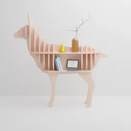 Detailed 3D wooden deer-shaped shelf with decorative items for Blender modeling