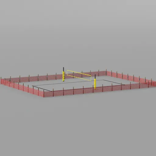 Detailed 3D model of a beach volleyball court with net and boundary lines for Blender rendering.