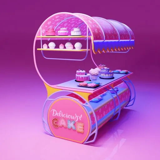 Vibrant Blender 3D model featuring a whimsical cake cart with cupcakes and pastries, perfect for virtual environments.