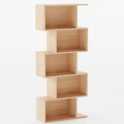 Innovative 3D-rendered wooden asymmetrical bookshelf for interior decoration, suitable for Blender 3D projects.