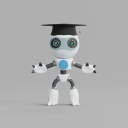 3D rendered model of a cute, educational robot with a graduation cap, designed for Blender animation and gaming.