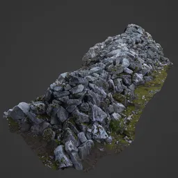 Detailed 3D rock pile scan, realistic textures and moss, ideal for Blender environmental design.