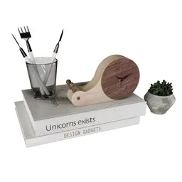 "Snail table decoration set for Blender 3D - Features a clock, glass, plant, unicorn, and wooden furniture depicted in modern 3D render. Ideal for tables, coffee tables, or office desks."