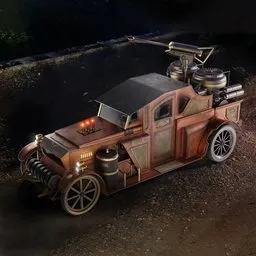 Intricately crafted steampunk-themed 3D vehicle model with rustic textures, ideal for Blender rendering.