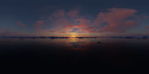 Dynamic range sunset sky HDR with reflective lake and silhouette mountains for 3D lighting.