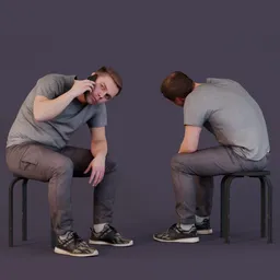 3D modeled young male figure sitting on a stool, engaged in phone conversation, wearing casual attire.