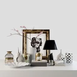 Detailed 3D decoration set featuring sakura branch, versatile vase and lamp models for interior visualization.