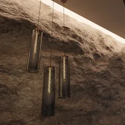 "Ceiling light fixture B in gold and luxury materials with three hanging glass lamps connected by glowing tubes, inspired by Michalis Oikonomou and suitable for modern and contemporary dark scenes. This Blender 3D model also includes a detailed backdrop featuring rock columns and a rammed earth courtyard, all rendered in 8k resolution."