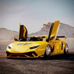 "Yellow Lamborghini Huracan Performante luxury supercar with open doors on a desert road, showcasing photoreal details. Rigged trunk, doors, and hood. Twin turbo V10 engine. Cycles ready. Ideal 3D model for Blender 3D."