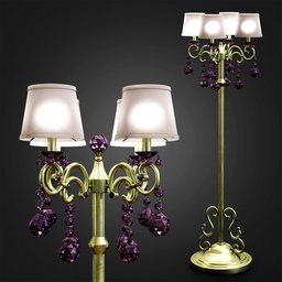 Elegant 3D-rendered floor lamp with ornate details and purple crystals, ideal for interior design visualization.