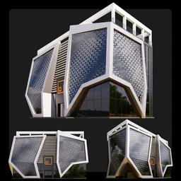 Futuristic office building 3D model with intricate glass facade design, textured in Blender.