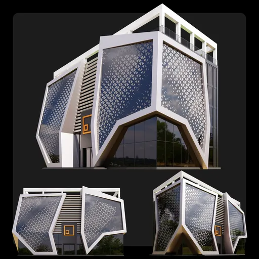 Futuristic office building 3D model with intricate glass facade design, textured in Blender.