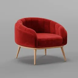 Red velvet tub chair 3D model with wooden legs designed for realistic Blender rendering.