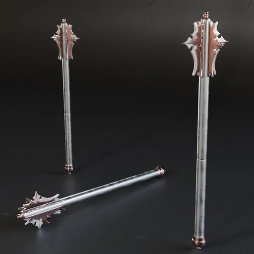 Detailed 3D model of a flanged mace, low poly with high-quality metal textures, ideal for war game design.