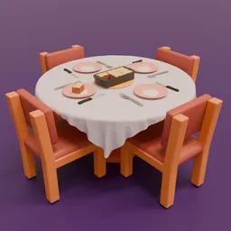 Lowpoly 3D dining set with colorful tableware and stylized chairs designed for Blender rendering, ideal for cartoon scenes.