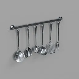 3D silver kitchen utensil set model for Blender with high-resolution textures and realistic lighting.