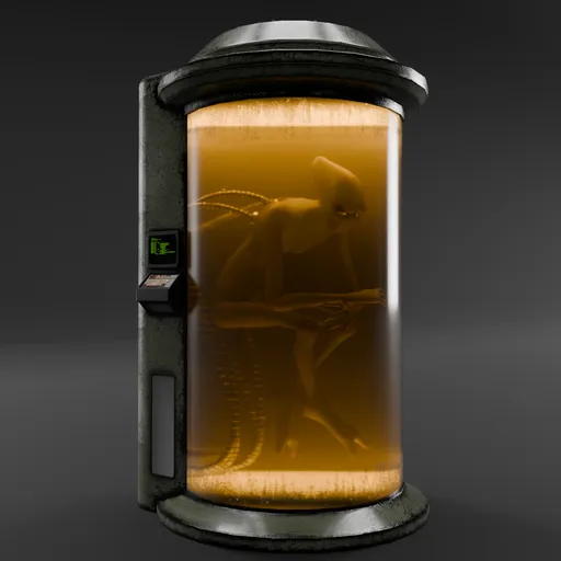 Detailed Blender 3D model featuring an animated, riggable alien in a sci-fi incubator, optimized for lower polygon counts.