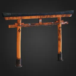 "Wooden Torii Arch for Blender 3D: A game asset of fighters, a replica model suitable for ancient scenes, featuring a stylized PBR design and a chain on the gate. Perfect for creating character concepts in games like For Honor and Bandai."