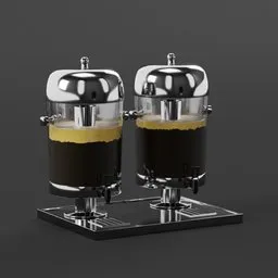 "Deluxe double-headed juice dispenser 3D model designed in Blender, featuring stainless steel and glass vials. Perfect for drink-themed projects and easily adaptable for customization. Simple yet detailed design for ease of use."