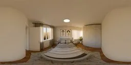 360-degree HDR image of a serene white bedroom with a bed, wardrobe, wooden floor, and a touch of greenery.