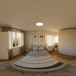 360-degree HDR image of a serene white bedroom with a bed, wardrobe, wooden floor, and a touch of greenery.