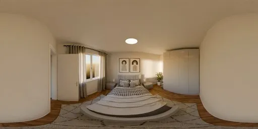 360-degree HDR image of a serene white bedroom with a bed, wardrobe, wooden floor, and a touch of greenery.