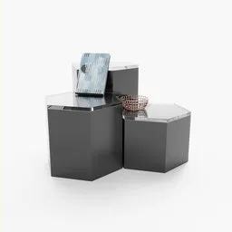 "Hexagonal Pieces Center Table: A modern and stylish 3D model for Blender 3D, featuring three black boxes with a book on top, glass and metal elements, and a sleek design. Perfect for adding a touch of sophistication to your virtual interior design projects."