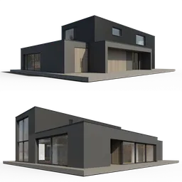 Detailed 3D Blender model, modern architecture with garage, wooden elements, large windows, Dutch design.