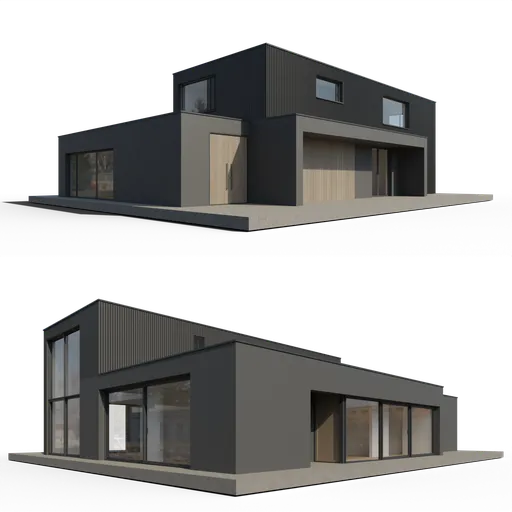 Detailed 3D Blender model, modern architecture with garage, wooden elements, large windows, Dutch design.