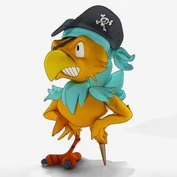 Orange and teal parrot 3D model with pirate hat and wooden leg, suitable for Blender animation projects.