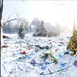 Sunny Christmas Stone Cabin Scene
