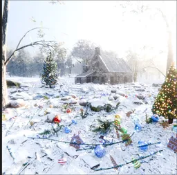 Sunny Christmas Stone Cabin Scene