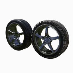Realistic vehicle wheel 3D model with detailed tire texture, suitable for Blender rendering and animation projects.