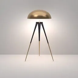 3D-rendered minimalist tripod floor lamp with a sleek brass dome, ideal for modern interior visualization in Blender.