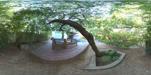 Tranquil garden HDR panorama with wooden deck, bench, and pool for realistic scene illumination.
