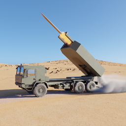 3D model of a missile launcher truck in desert, showcasing Blender rendering.