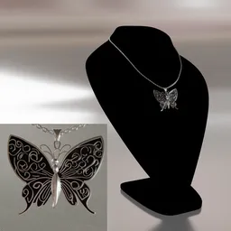 Intricate 3D-rendered silver butterfly pendant displayed on a necklace bust, ideal for Blender 3D jewelry designs.