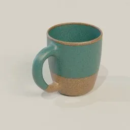 "3D model of a photorealistic coffee mug with hand-shaped bump and grainy texture on a wood surface, perfect for Blender 3D users. Ideal for food and drink category designs."