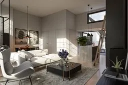 View of the living room of a luxuriously furnished townhouse.